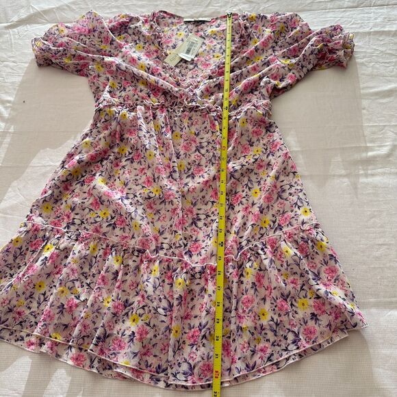NWT Allison and Kelly Purple Pink Floral Mini Tier Dress Short Sleeve V- Neck L - Picture 9 of 13